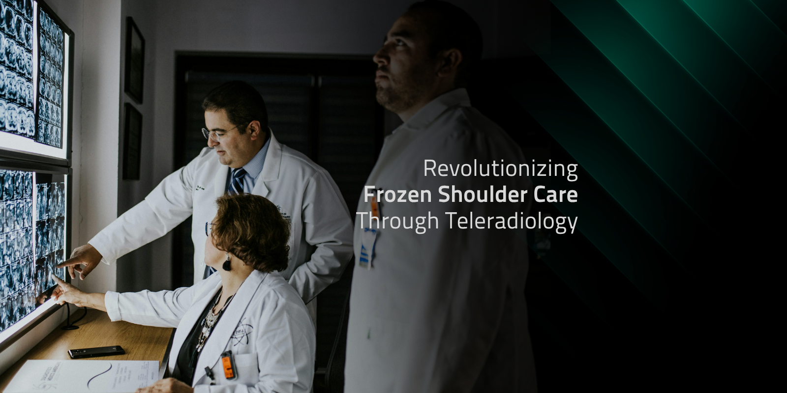 Three teleradiologists reviewing head and neck scans, showcasing efficient Teleradiology Reporting Services.