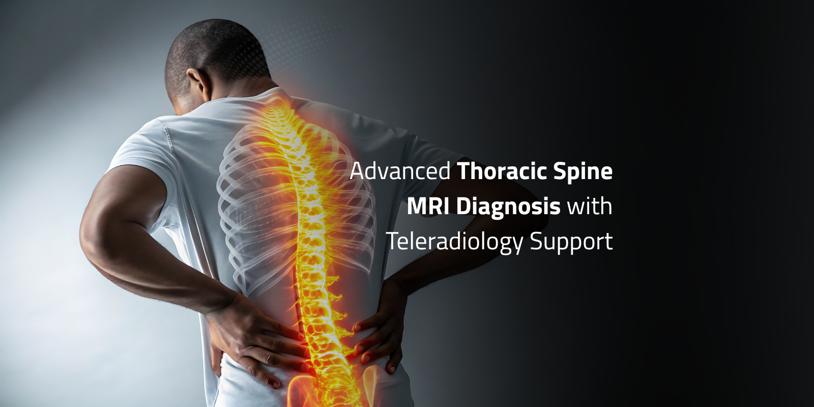 Man holding back with highlighted thoracic spine showing text