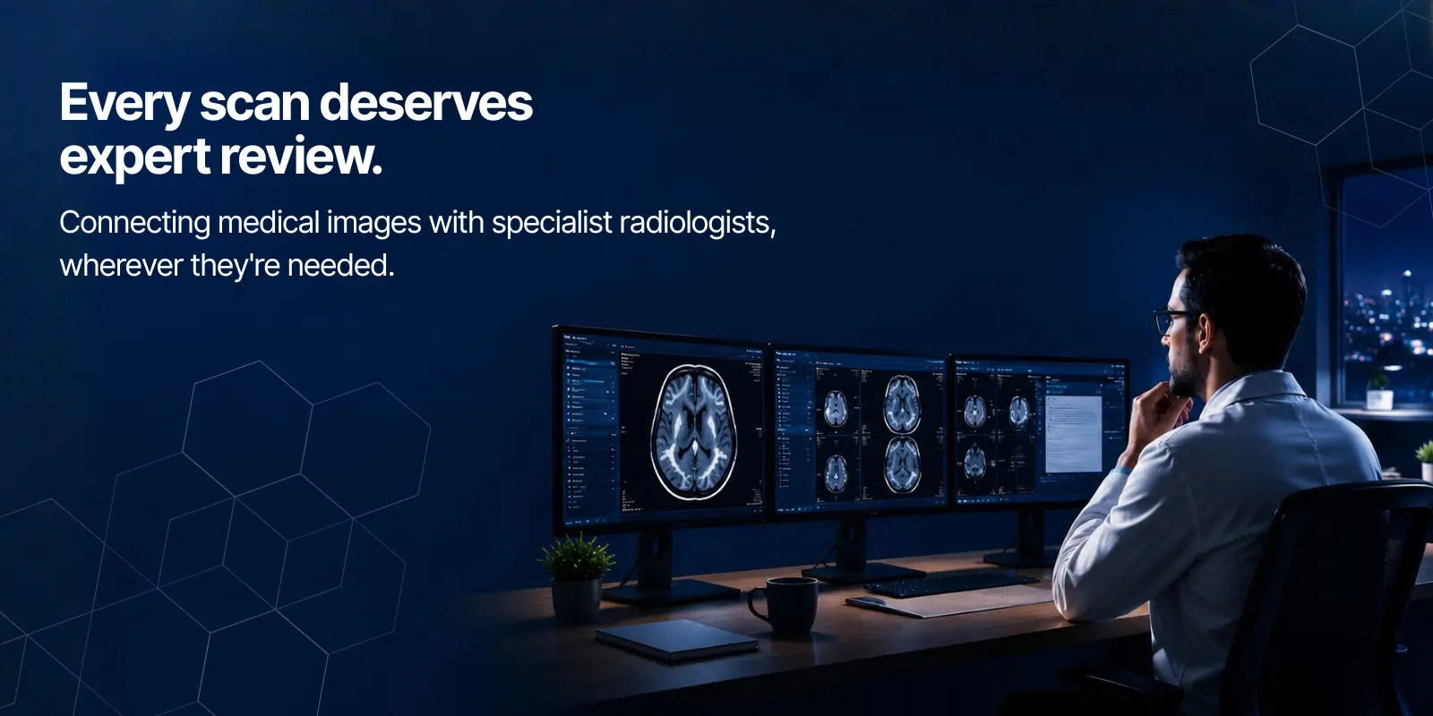 Radiologist reviewing brain scan reports on multiple monitors, showing how teleradiology works for faster and accurate diagnosis.