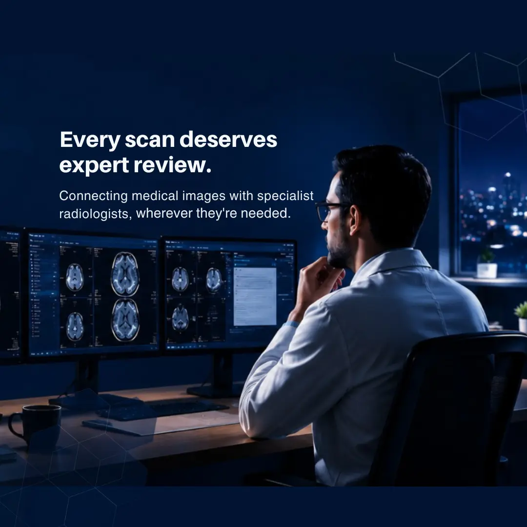 Radiologist reviewing brain scan reports on multiple monitors, showing how teleradiology works for faster and accurate diagnosis.