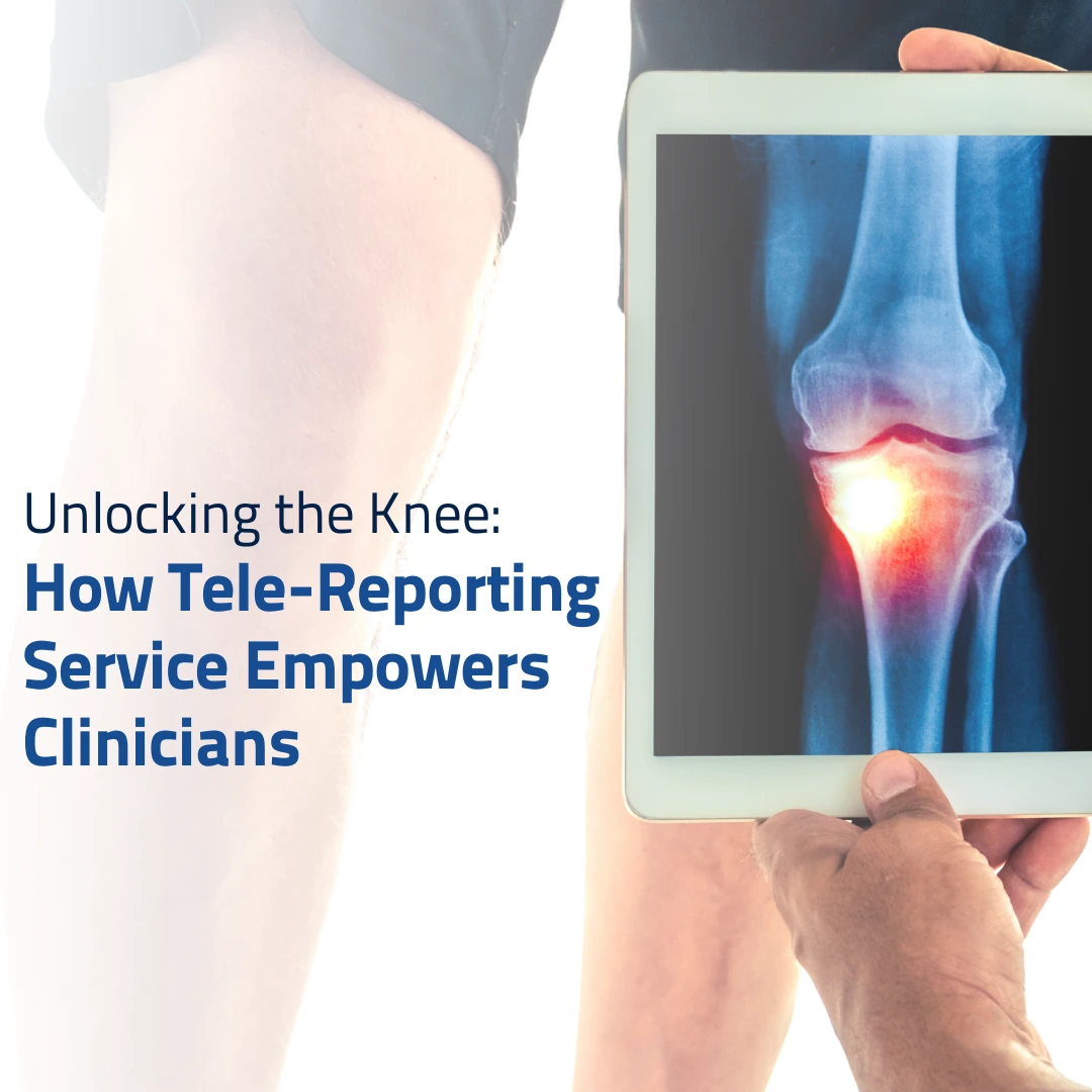 Clinician reviewing a knee X-ray on a tablet using a Tele-Reporting Service.